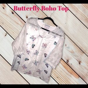 White sheer cotton, colorful butterfly pattern, tassel tie, lace sleeves.